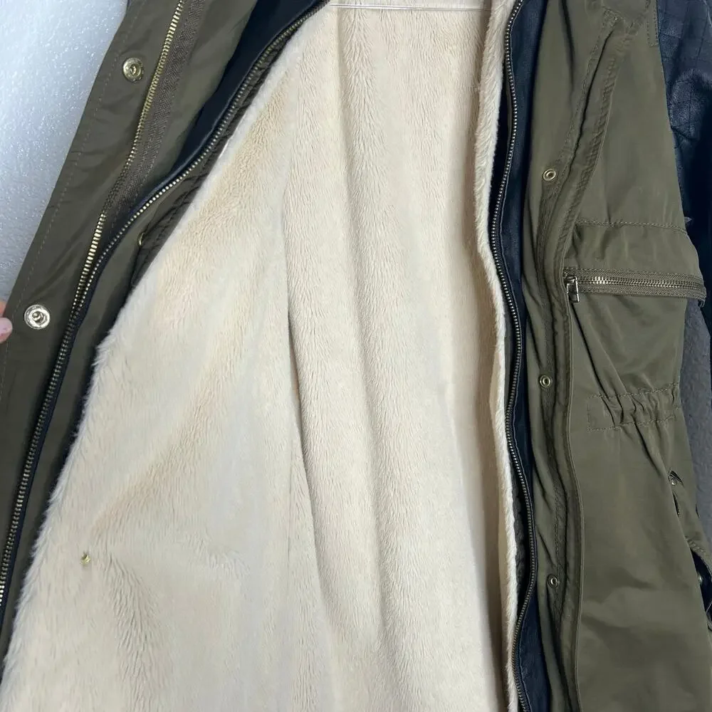 ZARA Jacket Faux Fur Lined Jacket Leather Sleeve Full Zip Hooded Green Black XS